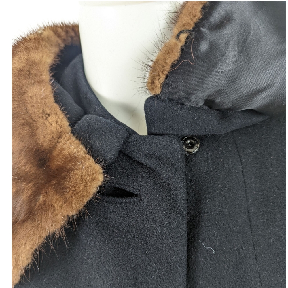 Vintage 60s Fur Collar Cashmere Coat Jacket Womens Medium Black Mink Brown - Picture 14 of 16